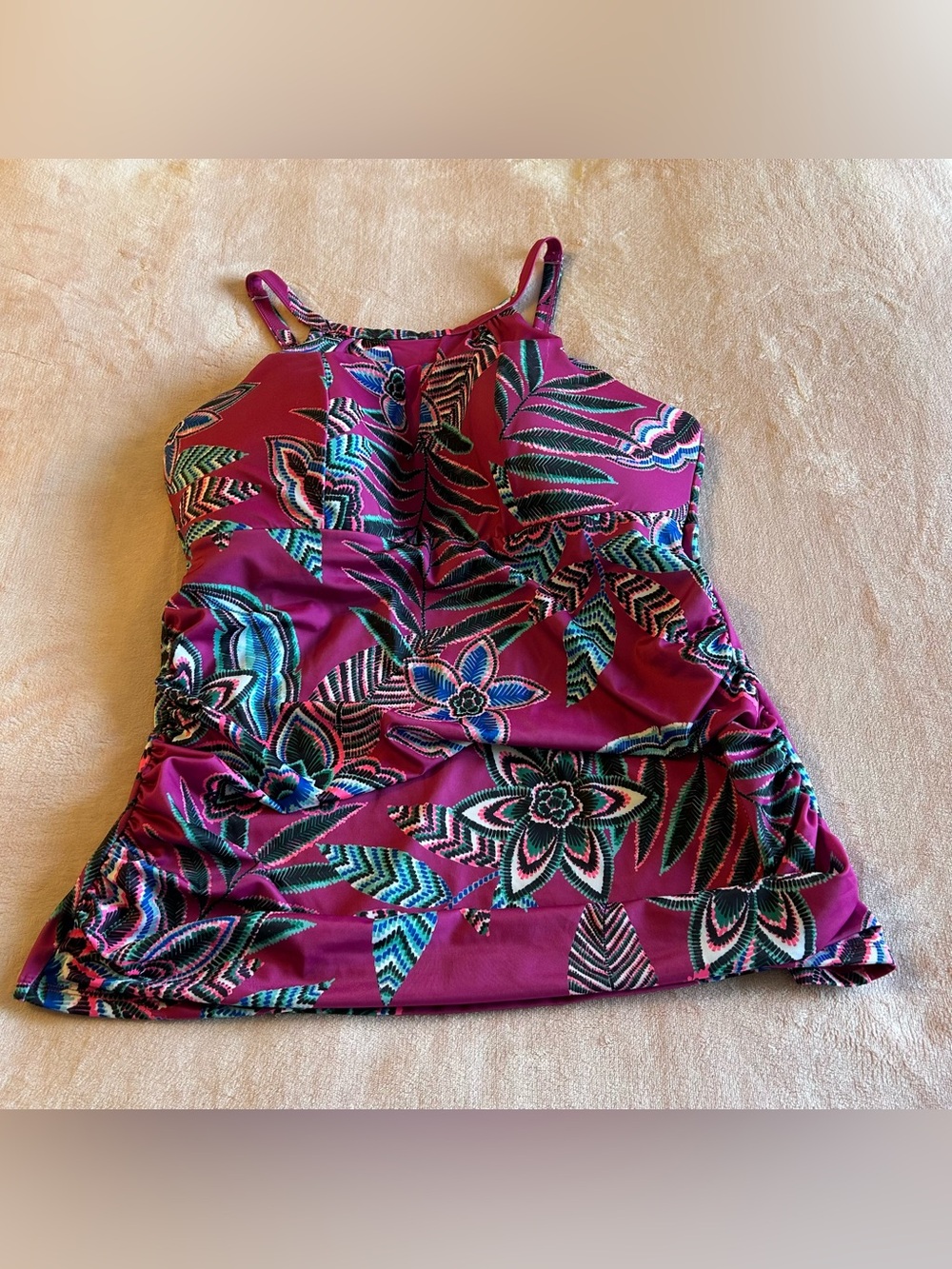 Cacique Swim purple floral print high neck mesh cutout shirrred sides tankini 16 - Picture 1 of 7